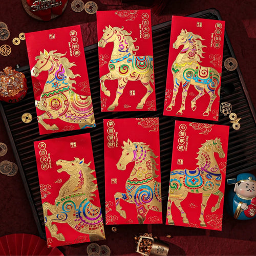 Sobre rojo grande Año del caballo multicolor (6 uds)